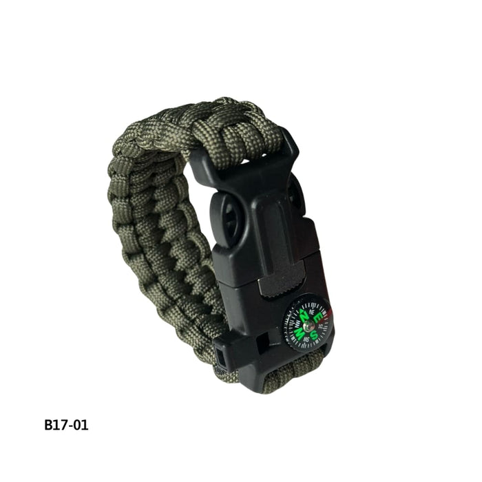 Pulsera Paracord con Brújula, Silbato y Pedernal Olivo (B17-01)