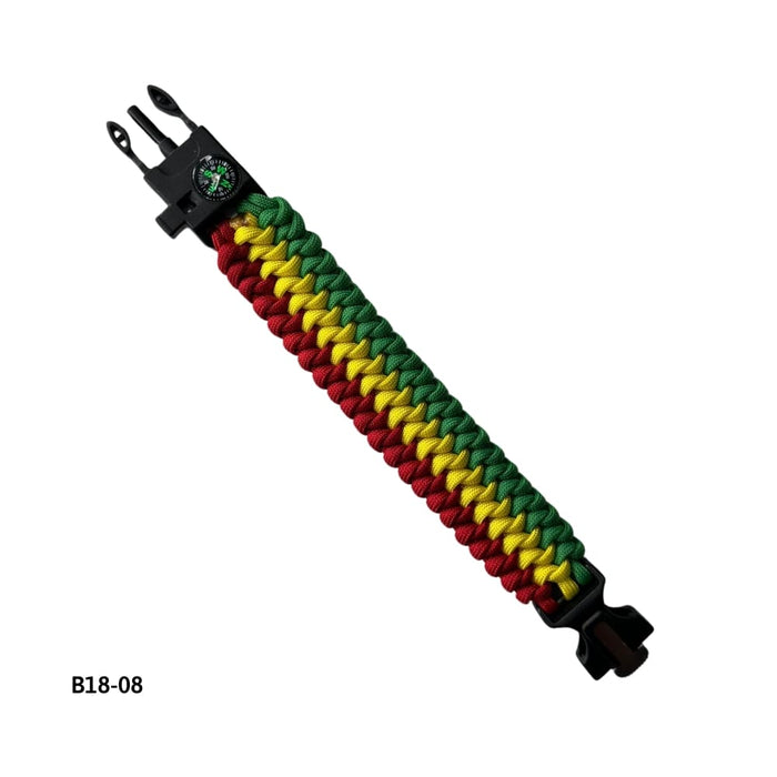 Pulsera Paracord con Brújula, Silbato y Pedernal Rasta (B18-08)