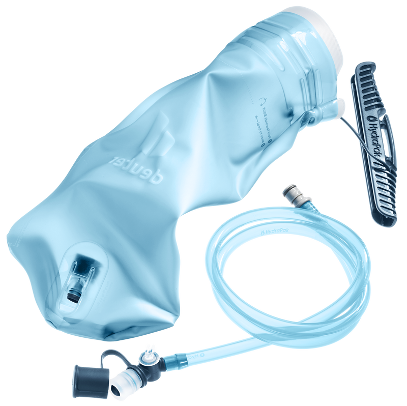 Bolsa de hidratación Streamer II 2.0 L Deuter azul claro con tubo y válvula de mordida para senderismo y deportes.