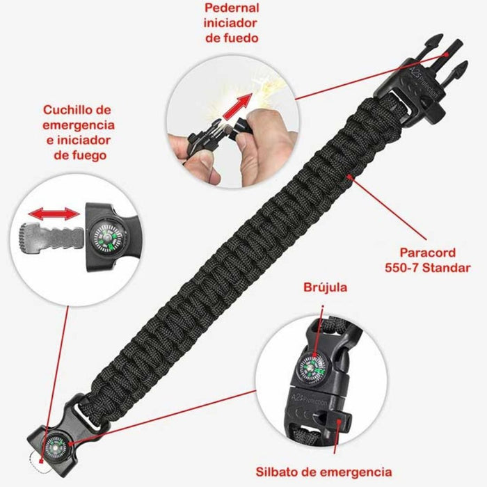 Pulsera Paracord con Brújula, Silbato y Pedernal Verde Militar (B18-17)